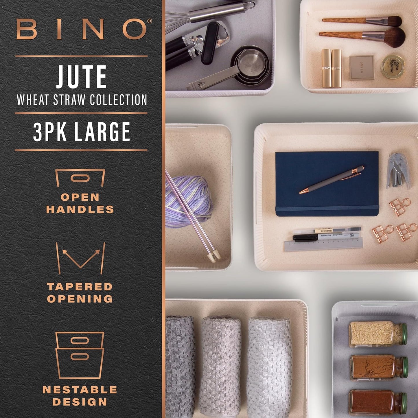 BINO Woven Plastic Basket | Large (Natural), 3-Pack | THE JUTE COLLECTION | Home Organization, Space-Saving Storage, Stylish Design | Plastic Storage Basket