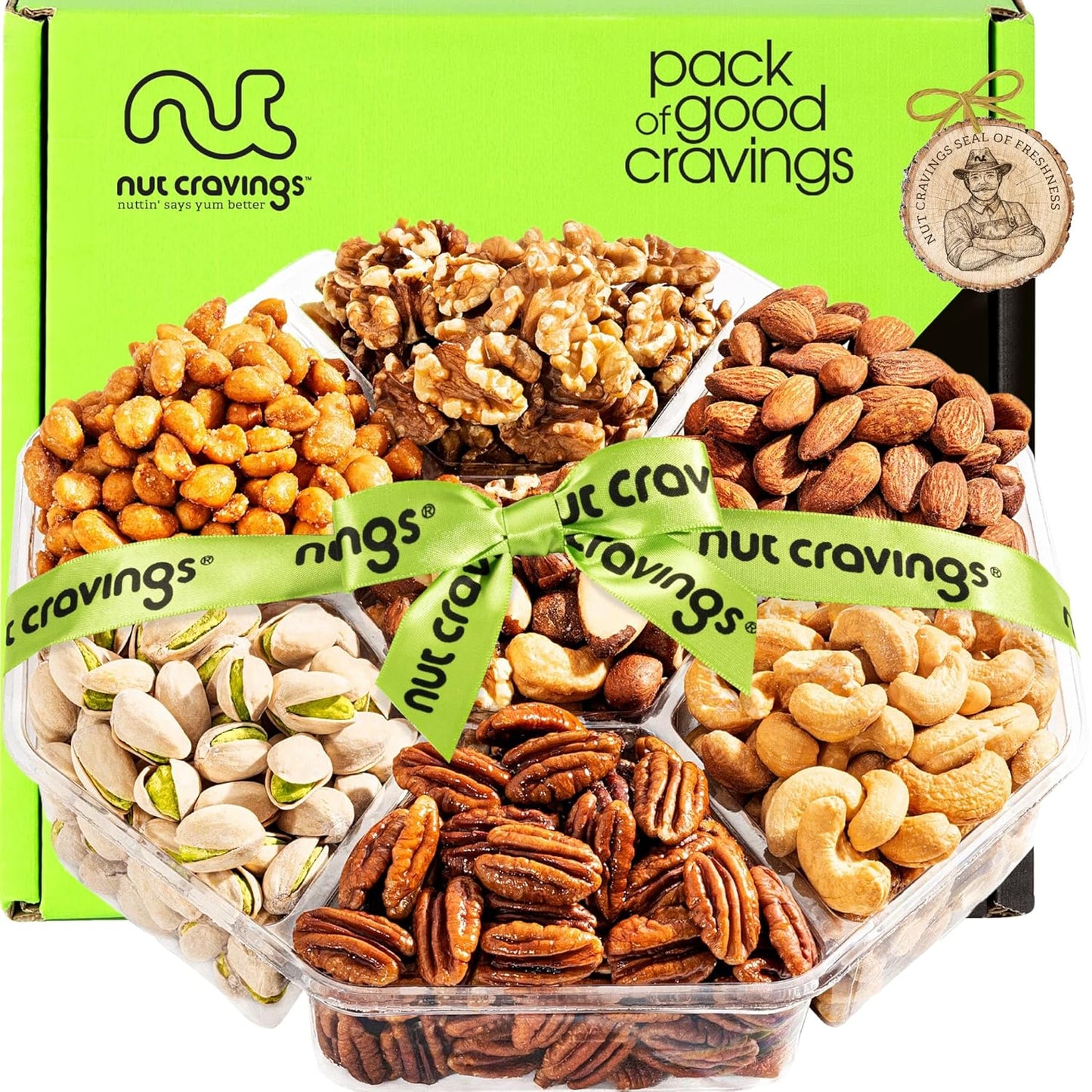 NUT CRAVINGS - Mixed Nuts Gift Basket + Green Ribbon (7 Assortments, 1 LB) Food Arrangement, Healthy Snack Care Package, Food Assortments