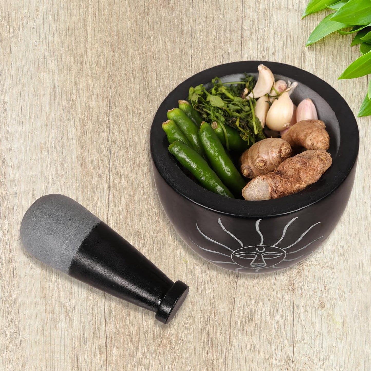 Mortar and Pestle, Made of Heavy Duty Polished Hard Stone, Natural Stone Grinder for Spices, Pastes, Herbs, Seasoning etc. (Sunlight)