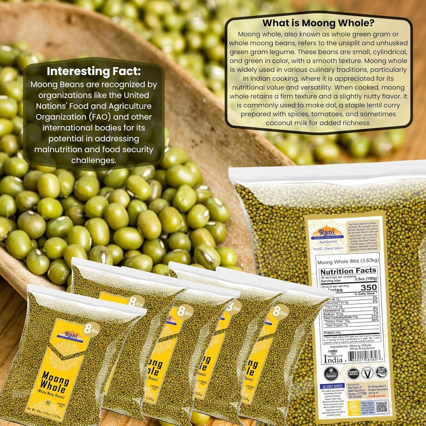 Rani Moong Whole (Ideal for Cooking & Sprouting, Whole Mung Beans w/Skin) Lentils Indian 128oz (8lbs) x Pack of 5 (Total 40lbs) Bulk ~ All Natural | Gluten Friendly | Non-GMO | Vegan | Indian Origin