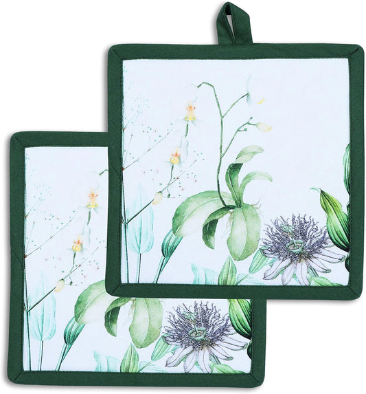 AMOUR INFINI Pot Holders Heat Resistant Cotton Set of 2 Nonslip 8"x8" Inch Hot Pads for Kitchen, BBQ, Baking & Cooking with Hanging Loops (Floral Shrubs)