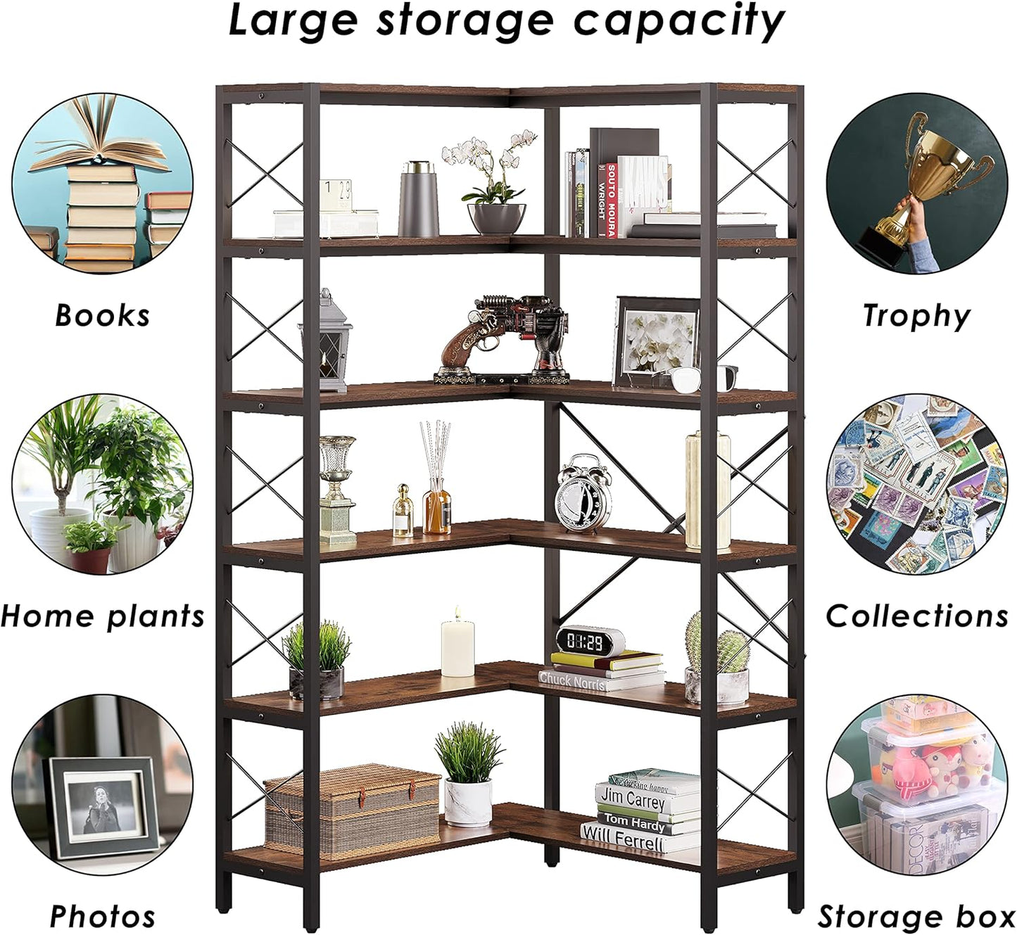 6-Shelf Corner Bookshelf, Vintage Industrial CornerBookshelf Etagere Bookcase, Large Book Shelf with Metal Frame Open Storage Corner Cabinet for Living Room Home Office（Retro Brown）