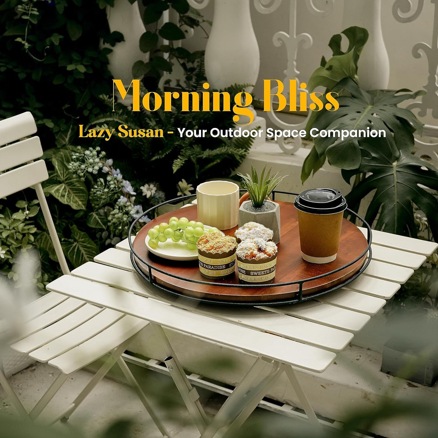 18" Acacia Wood Lazy Susan Turntable with Metal Frame - Large Brown Lazy Susans Organizer Countertop Storage - Wooden Serving Tray for Charcuterie Cheese Board - Kitchen Counter Rotating