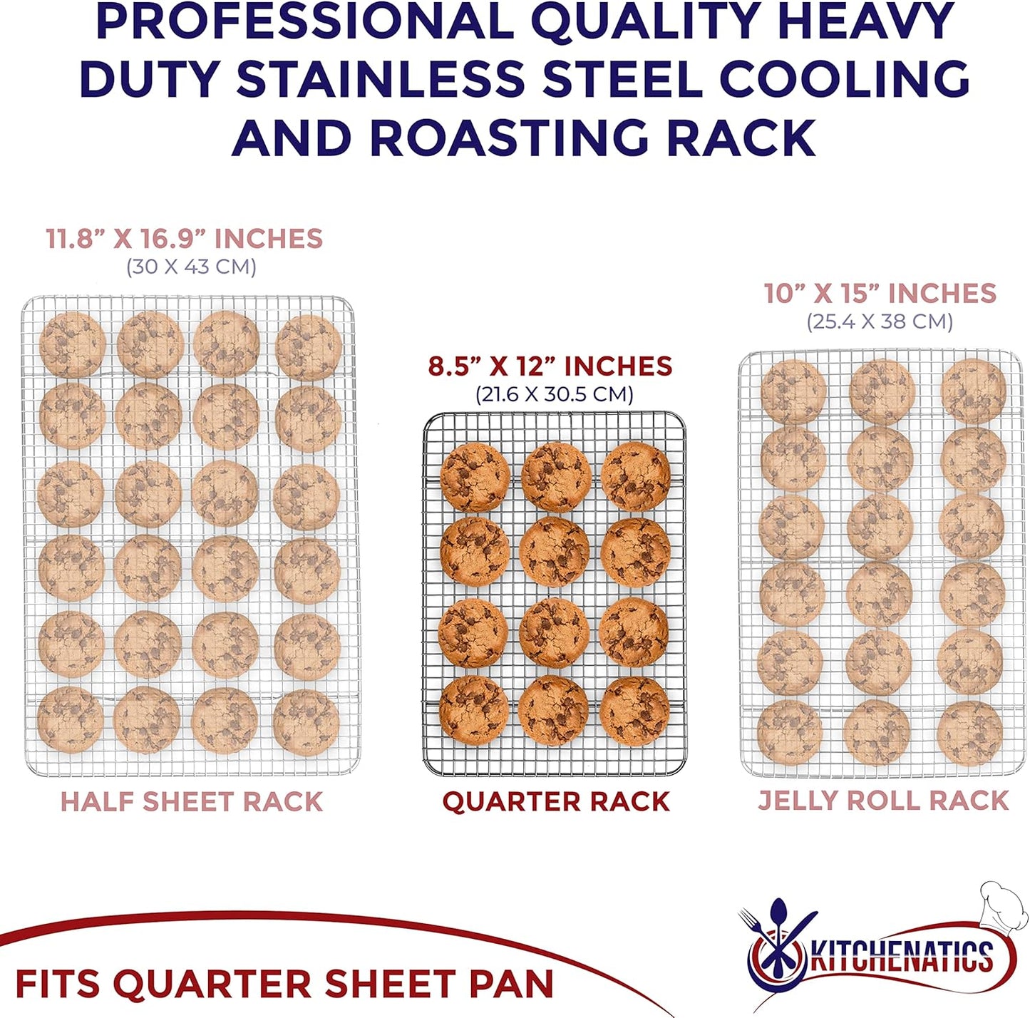 KITCHENATICS Heavy Duty Small Oven Cooling Racks for Cooking, Baking, Roasting and Grilling, Oven Safe Stainless Steel Wire Racks, Cookie Cooling Racks fit Quarter Sheet Pan, 8.5" x 12" IN, Set of 2