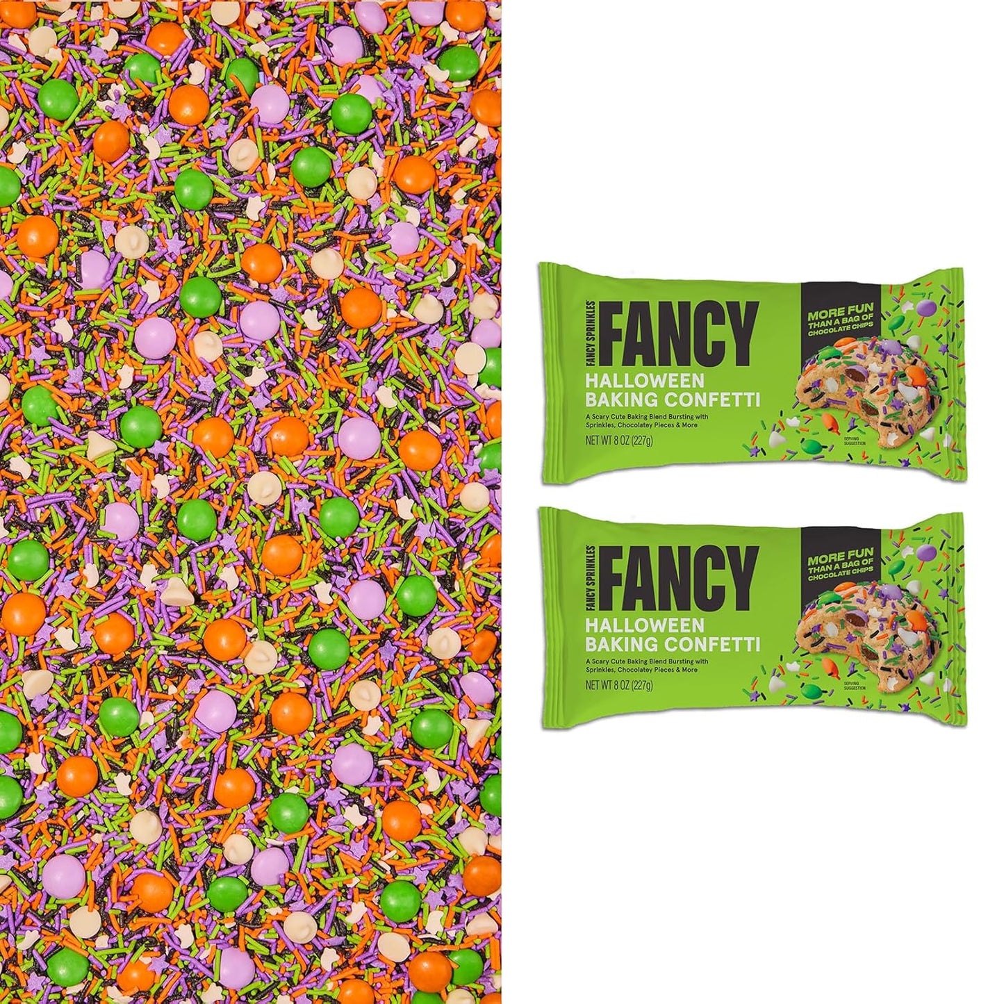 Fancy Sprinkles Limited Edition Halloween Monster Mash Baking Confetti Sprinkles and Chocolate Pieces, Candy-Coated Chocolatey Morsels, Ghost Shaped Confetti Pieces, Vanilla Chips 8 oz Bag (2 Pack)