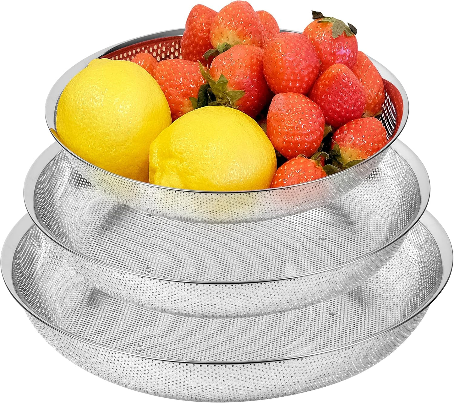 Premium 18/8 304 Stainless Steel Small Colander Set of 3, Comfortable Tray, Micro-Perforated Shallow Colanders 2-3-4 Quart Set, Self-Draining Solid Base for Pasta, Fruits, Vegetables