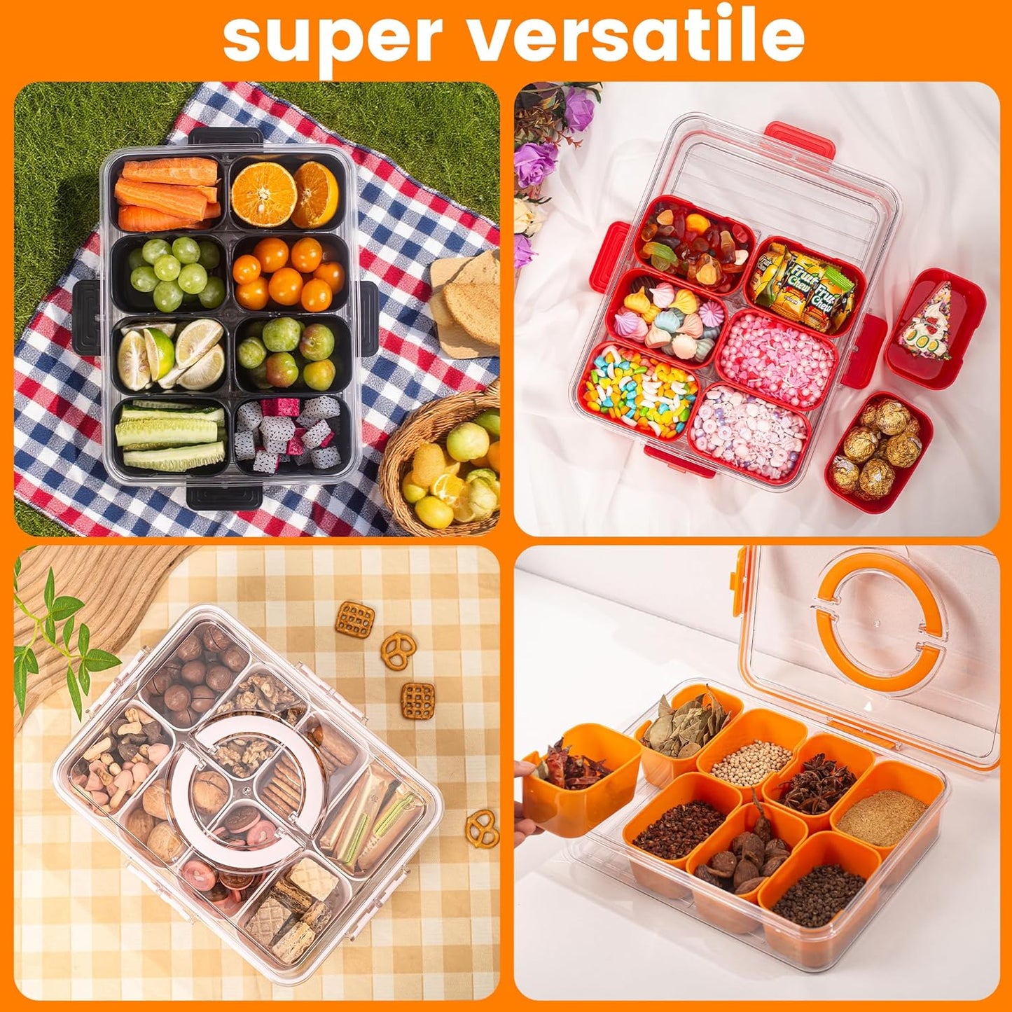 Divided Serving Tray with Lid and Handle - Snackle Box Charcuterie Container for Portable Snack Platters Organizer for Candy, Fruits, Nuts, Snacks - Perfect for Party, Entertaining, Black