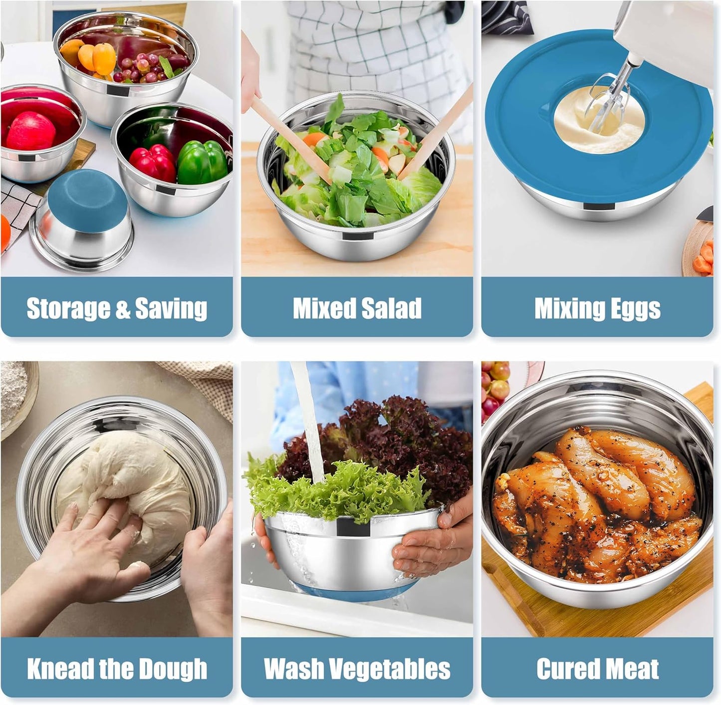 E-far Stainless Steel Mixing Bowls with Lids Set, 5-Piece Nesting Salad Bowls with 3 Grater Attachments and Non-Slip Bottoms, Size 4.6, 2.6, 2, 1.5, 1QT for Kitchen (Blue)