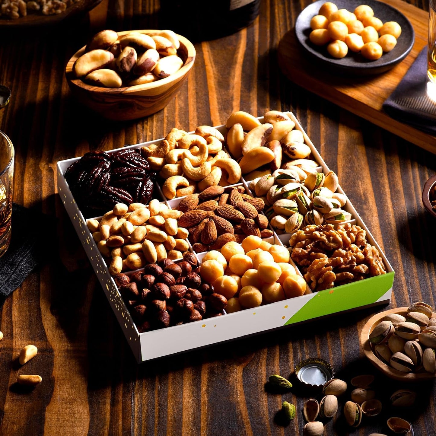 NUT CRAVINGS - Mixed Nuts Gift Basket in White Gold Box (9 Assortments) Food Arrangement, Healthy Snack Care Package, Food Assortments