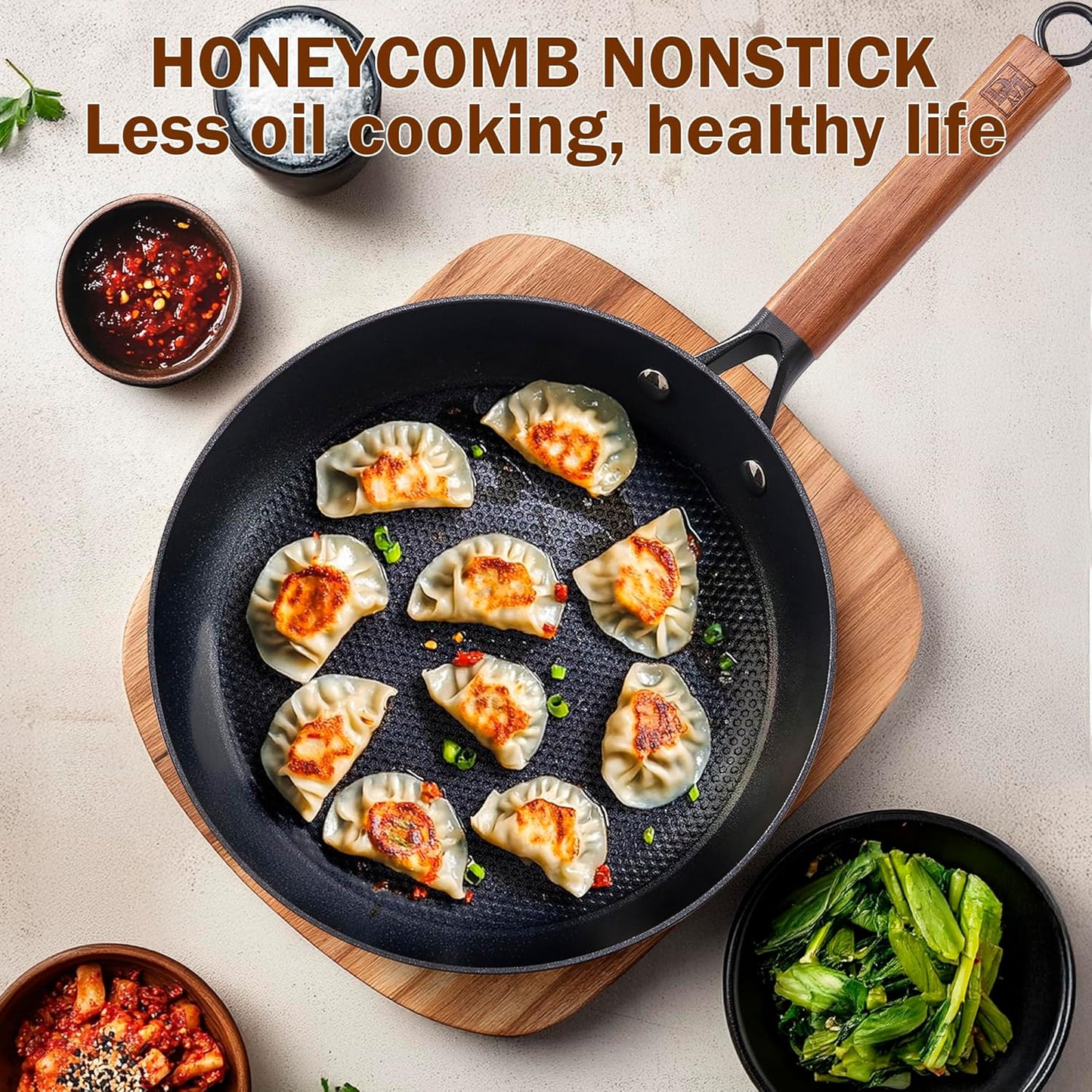DM Cast Iron Skillet, 8 Inch Nonstick Frying Pan with Detachable Acacia Wooden Handle, Honeycomb Non stick Omelet Egg Pan, Easy Clean Oven Safe Pans for Cooking
