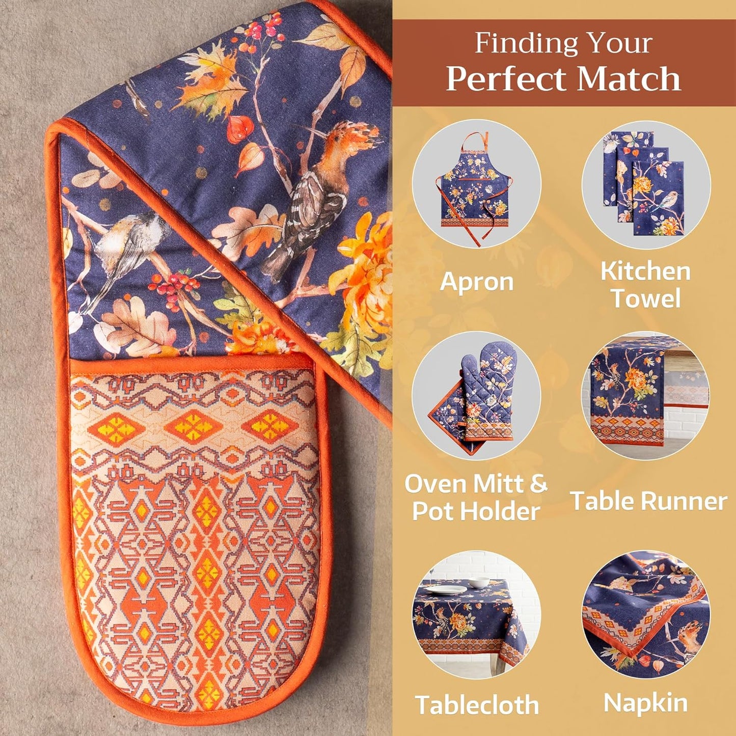 Maison d' Hermine Double Oven Mitt 100% Cotton Heat Resistant Cooking Gloves with Loop, Baking Barbeque, Handling Hot Pan, Kelim - Infinity - Thanksgiving/Christmas (7 Inch x 35 Inch)