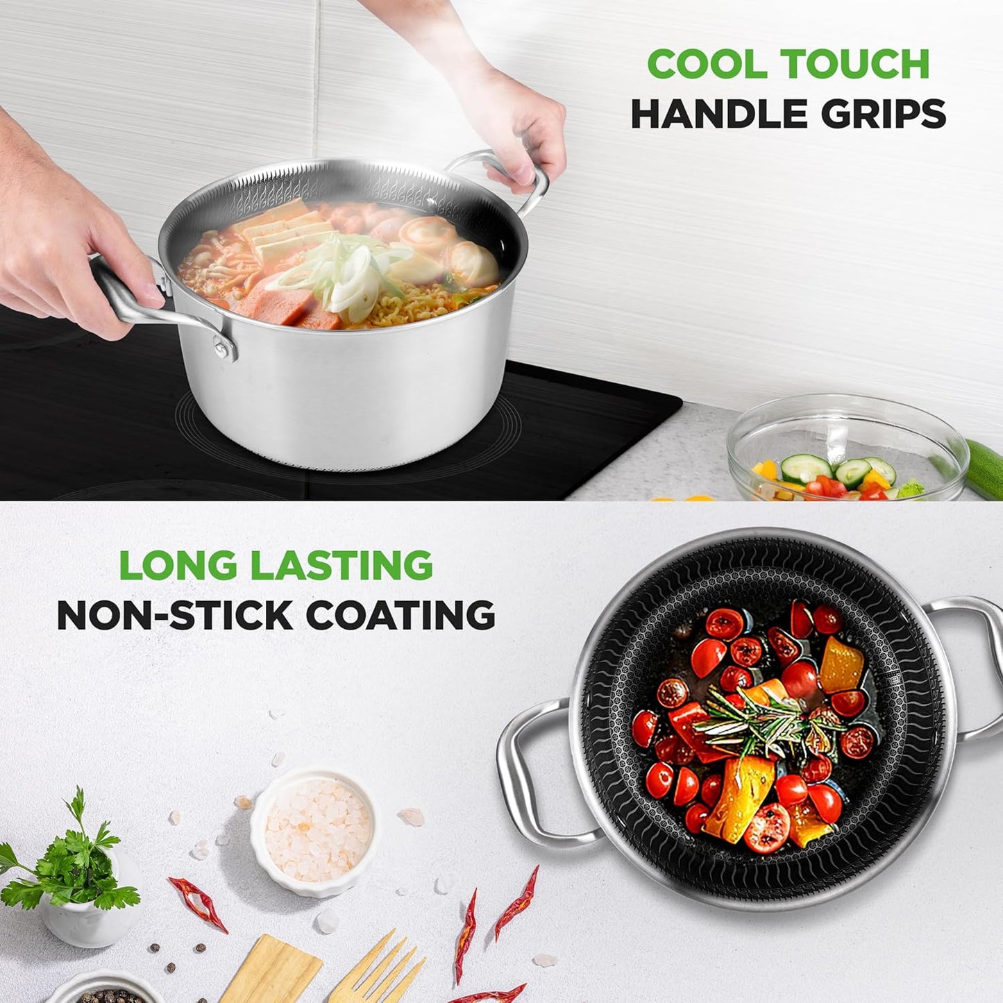 NutriChef 5 QT Stainless Steel Stew Pot - Triply Kitchenware Stew Pot with Glass Lid - DAKIN Etching Non-Stick Coating, Scratch-resistant Raised-up Honeycomb Fire Textured Pattern - NutriChef NC3PCAS