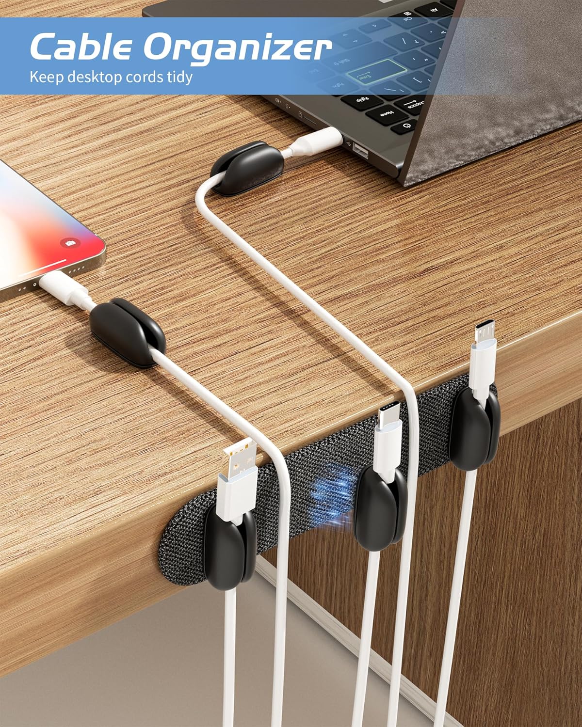 5-Pack Magnetic Cable Clips Cord Organizer - Smoothly Adjustable, Puretor Desk Cable Management Clips. Ideal Wire Holders for Desktop, Nightstand, Wall - Perfect for Home Office, Phone, Car (Black)