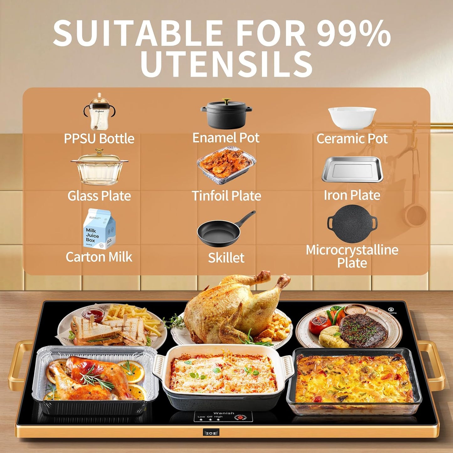 Electric Warming Tray (XXL 32”x18”)，Food Warmers for Parties Buffet with Thermostat & Full Surface Heating, Tempered Glass Warming Mat for Food, Temperature Adjustable Gold Handles Food Warming Mat