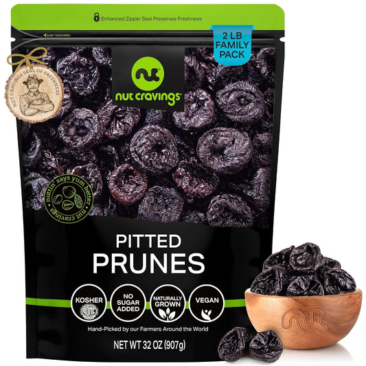 NUT CRAVINGS - Dried Prunes Pitted Unsweetened, Dry Plums No Sugar Added (32oz, 2 LB) Bulk Dry Fruits Packed Fresh in Resealable Bag - Sweet Healthy Snack, Naturally Grown, Vegan, Kosher