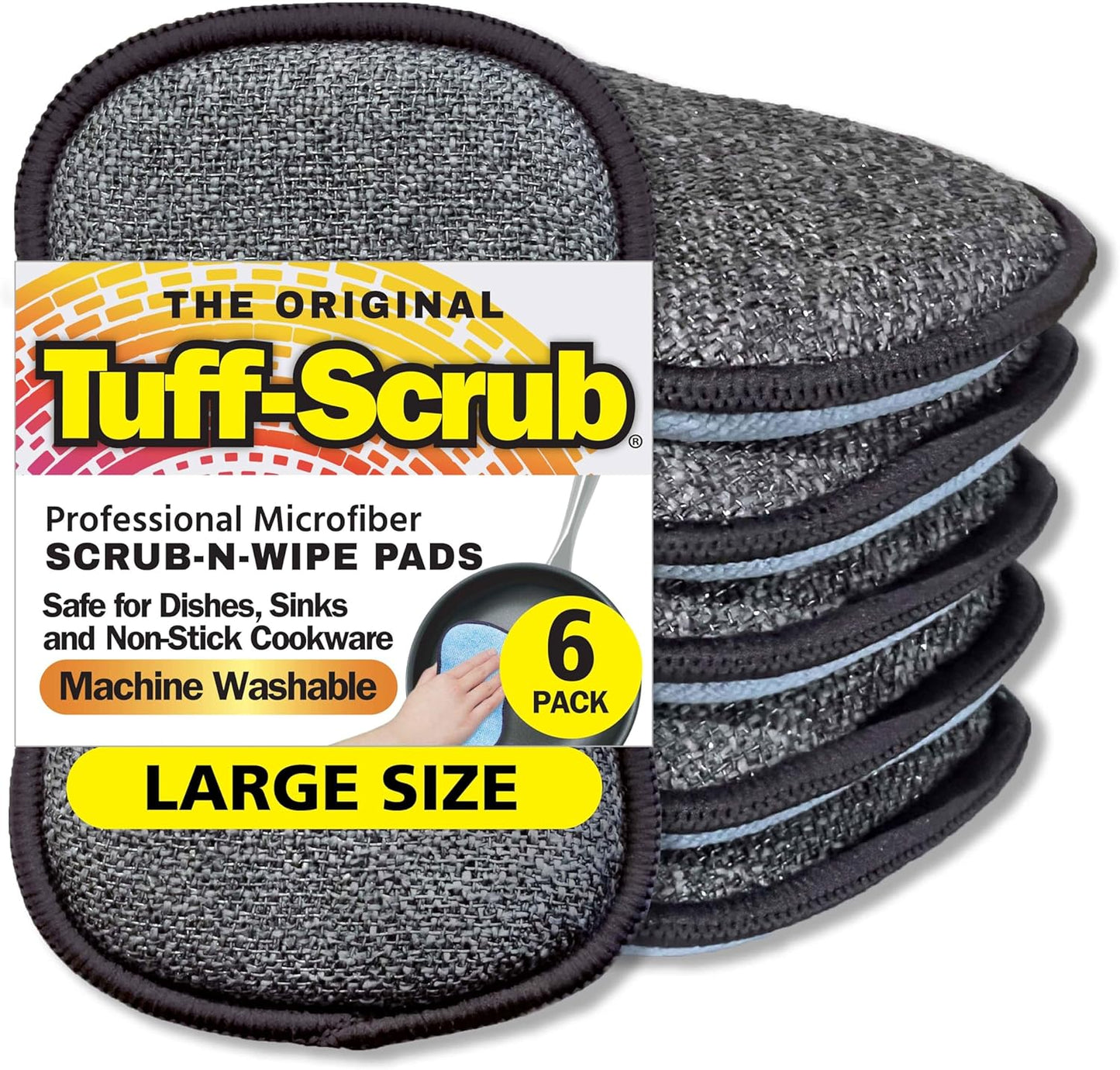 Original Scrub-N-Wipe Pad by Tuff-Scrub, 6-Pack, Microfiber, Multi-Surface, Non-Scratch, Dual-Sided, Scrubber for Dishes, Sinks, Non-Stick Cookware – Machine Washable, Durable Kitchen Sponge (Large)