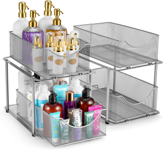 Sorbus 2 Sets of 2 Tier Metal Under Sink Organizer for Bathroom, Kitchen, Strong Steel Mesh Sliding Drawers for Under Sink, Under Cabinet, Closet, Kitchen, Pantry, Bathroom Organizers and Storage