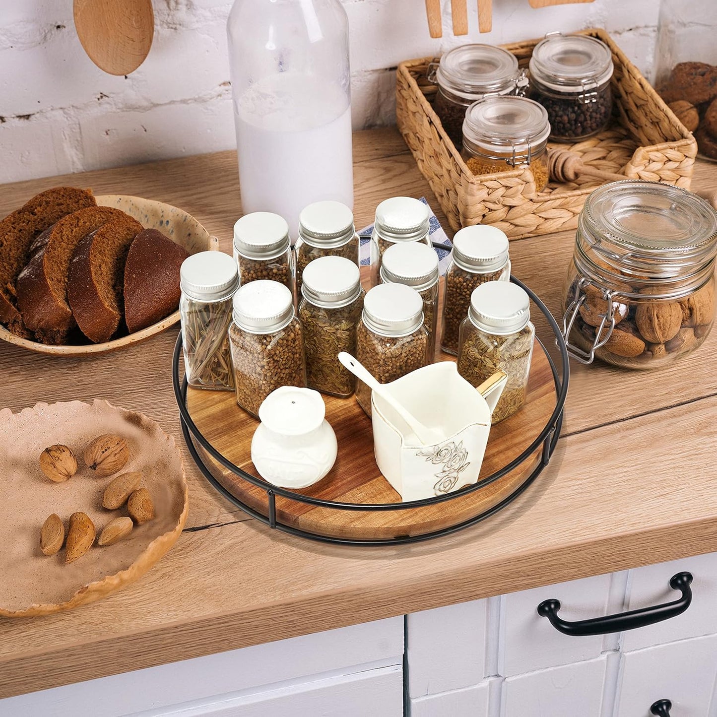 10" Acacia Wood Lazy Susan Turntable, Tomoaza Kitchen Organizer Turntable with Steel Sides, 360 Degree Lazy Susan for Countertop Cabinet or Dining Table (Black)