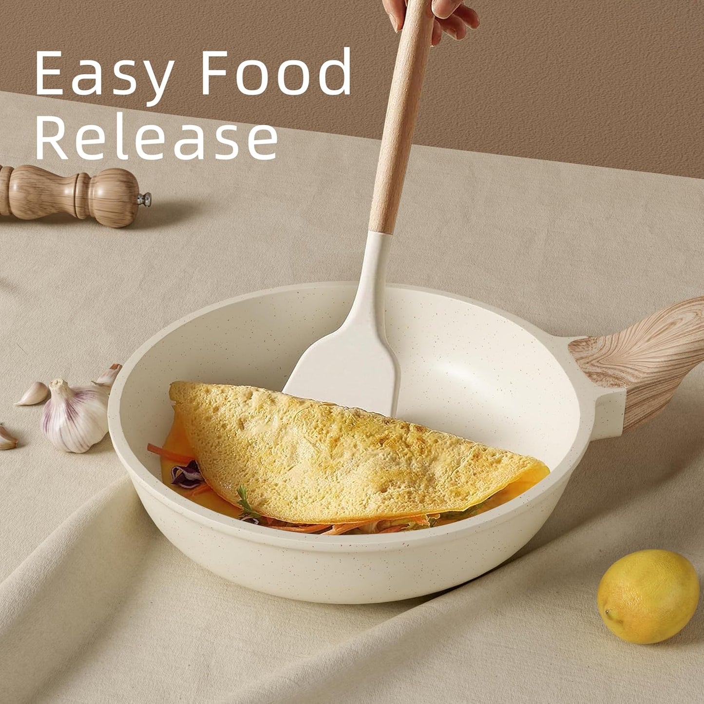 Caannasweis 20Pcs Cookware Sets, Nonstick Pots and Pans Set, Granite Induction Cookware, Non Stick Kitchen Cooking Set,Cream White 21 Piece Egg Pan Set, PFOS PFOA Free