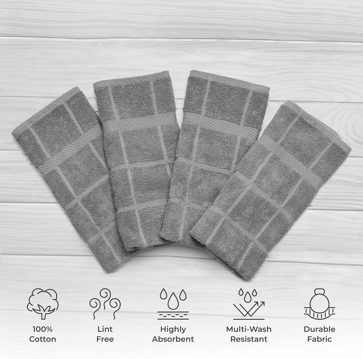 100% Cotton Terry Dish Towels, 4 Pack Plain, 16 x26 Inches, Super Soft and Absorbent Kitchen Towels, Perfect for Kitchen Cleaning and Dish Washing | Light Gray