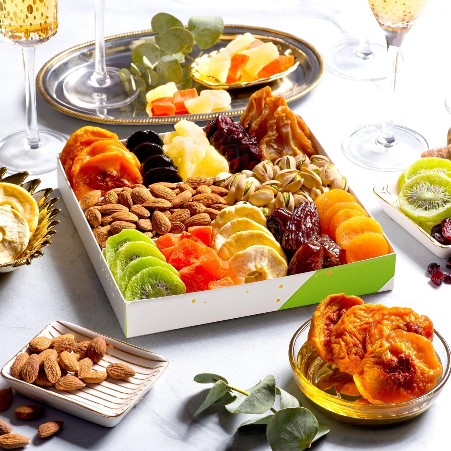 NUT CRAVINGS - Rosh Hashana & Shana Tova Dried Fruit & Mixed Nuts Gift Basket in White Gold Box (12 Assortments) Food Arrangement, Healthy Snack Care Package, Food Assortments