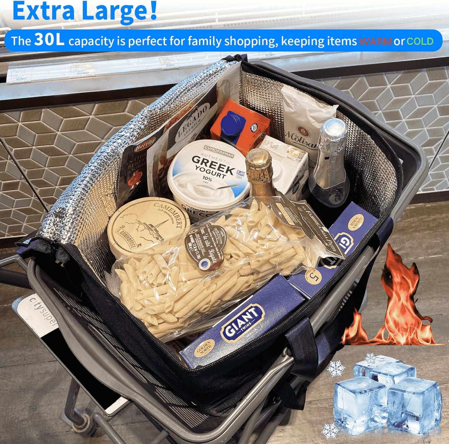 2-Pack Reusable Insulated Grocery Bags with Zippered Top, Heavy Duty Cooler Bags for Frozen Foods, Waterproof and Foldable Bag for Cold Storage & Travel– Dark Purple