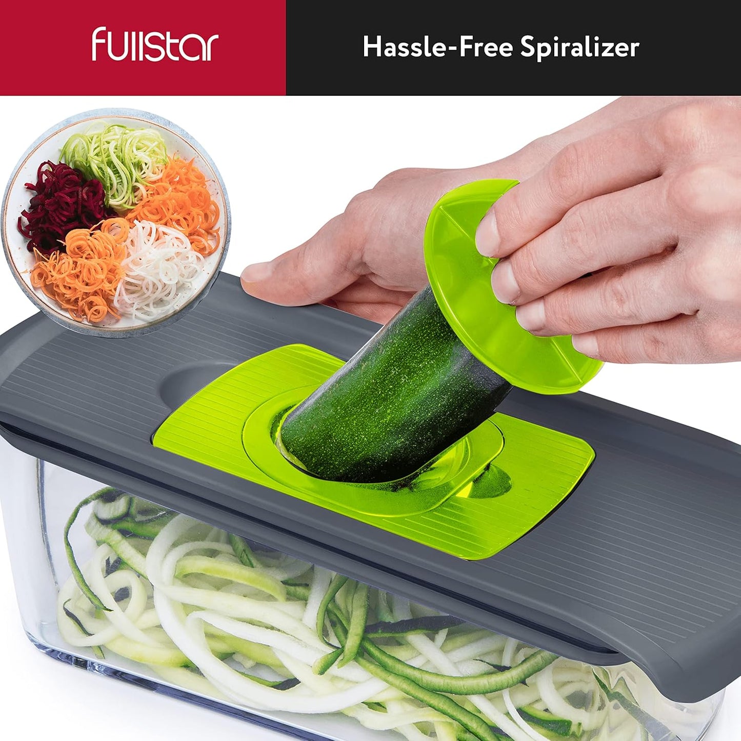 Fullstar Mandoline Slicer for Kitchen, Fruit Cutter, Cheese Grater, Cucumber Slicer, Veggie Spiralizer, Food Cutter & Kitchen Gadgets with Safety Glove (6 in 1, Gray/Green)