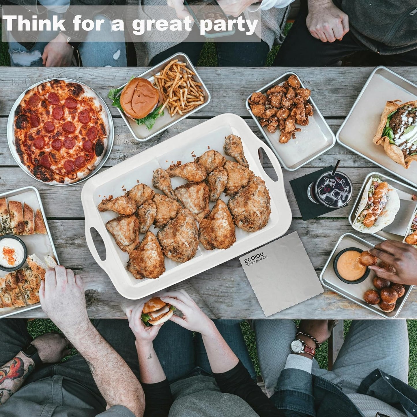 Extra Large Serving Tray with Handles, 20x13 inch, Set of 2 Melamine Platters for Serving Food, Turkey, Cookie, Rectangular Trays for Eating, Raised Dots Matt Finished, Dishwasher Safe, White