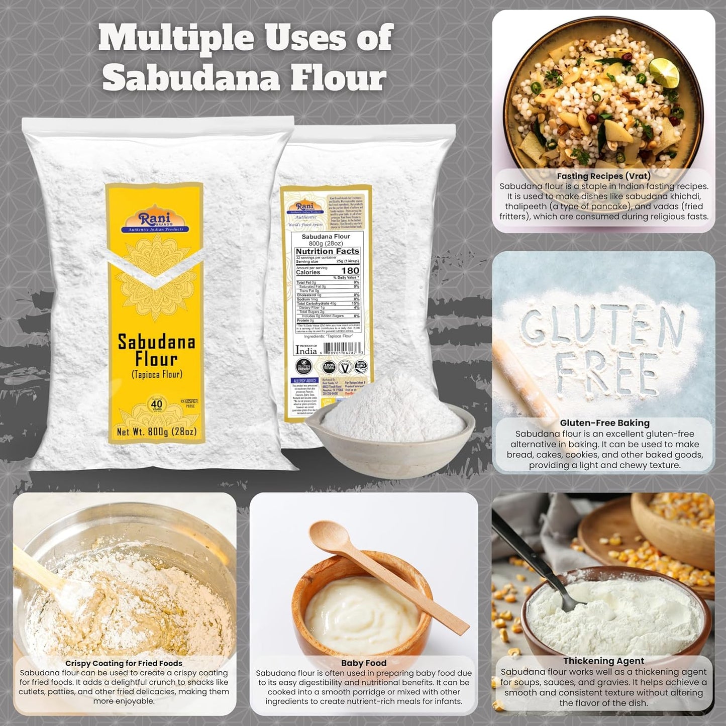 Rani Sabudana Flour (Tapioca/Sago Flour) 28oz (1.75lbs) 800g ~ All Natural | Vegan | Gluten Friendly | NON-GMO | Kosher | Indian Origin