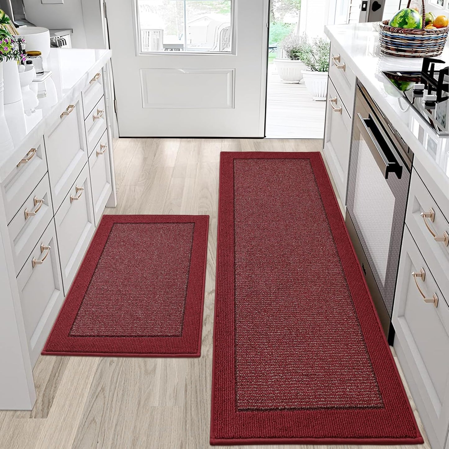 BEQHAUSE Kitchen Rugs and Mats Set of 2 Non-Slip Kitchen Mats for Floor, Absorbent and Stain Resistant Kitchen Runner, Machine Washable Rugs for Kitchen, Laundry & Sink, 24"x36"+24"x60", Red