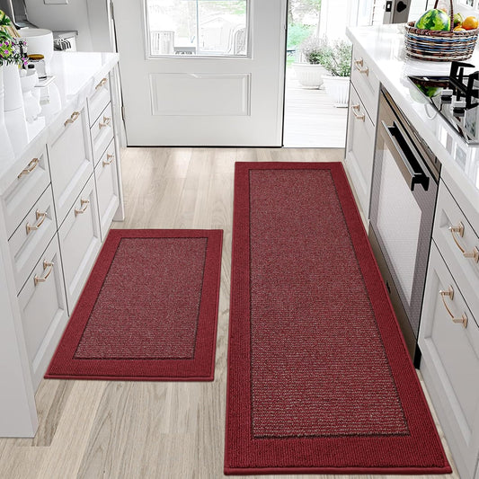 BEQHAUSE Kitchen Rugs and Mats Set of 2 Non-Slip Kitchen Mats for Floor, Absorbent and Stain Resistant Kitchen Runner, Machine Washable Rugs for Kitchen, Laundry & Sink, 24"x36"+24"x60", Red