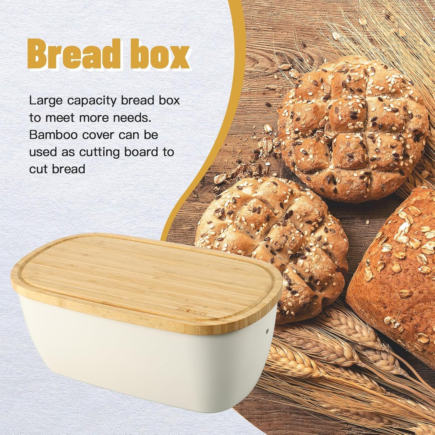 Bread Box for Kitchen Countertop - Bamboo Fiber Bread Bin with Reversible Cutting Board Lid, Juice Groove - Ventilated, Multi-Functional Storage Keeper for Freshness (14.2x7.8x5.5In, White)