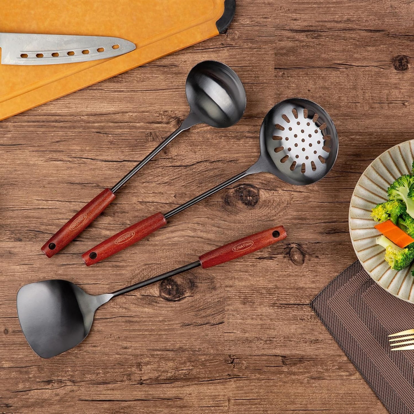 FJNATINH Wok Spatula and Ladle,Skimmer Ladle Tool Set, 17inches Spatula for Wok, 304 Stainless Steel Wok Spatula,Black