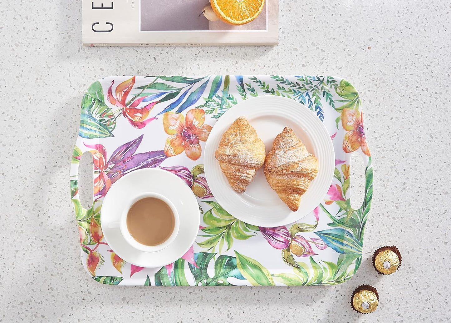 Blue Boat 16.5" x 11.5" Rectangular Serving Trays Set of 2 Floral, Light Weight Easy to Clean Sturdy Stackable Melamine Serving Tray with Handle, Fruit, Snacks, and Desserts Trays