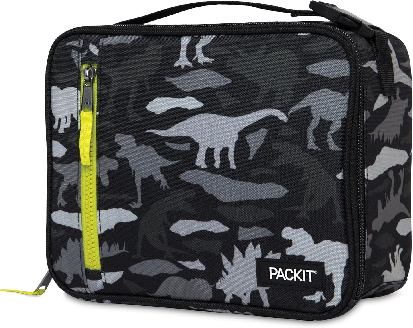 PackIt Freezable Classic Lunch Box, Dino Camo Charcoal, Built with EcoFreeze Technology, Collapsible, Reusable, Zip Closure With Zip Front Pocket and Buckle Handle, Designed for Lunches