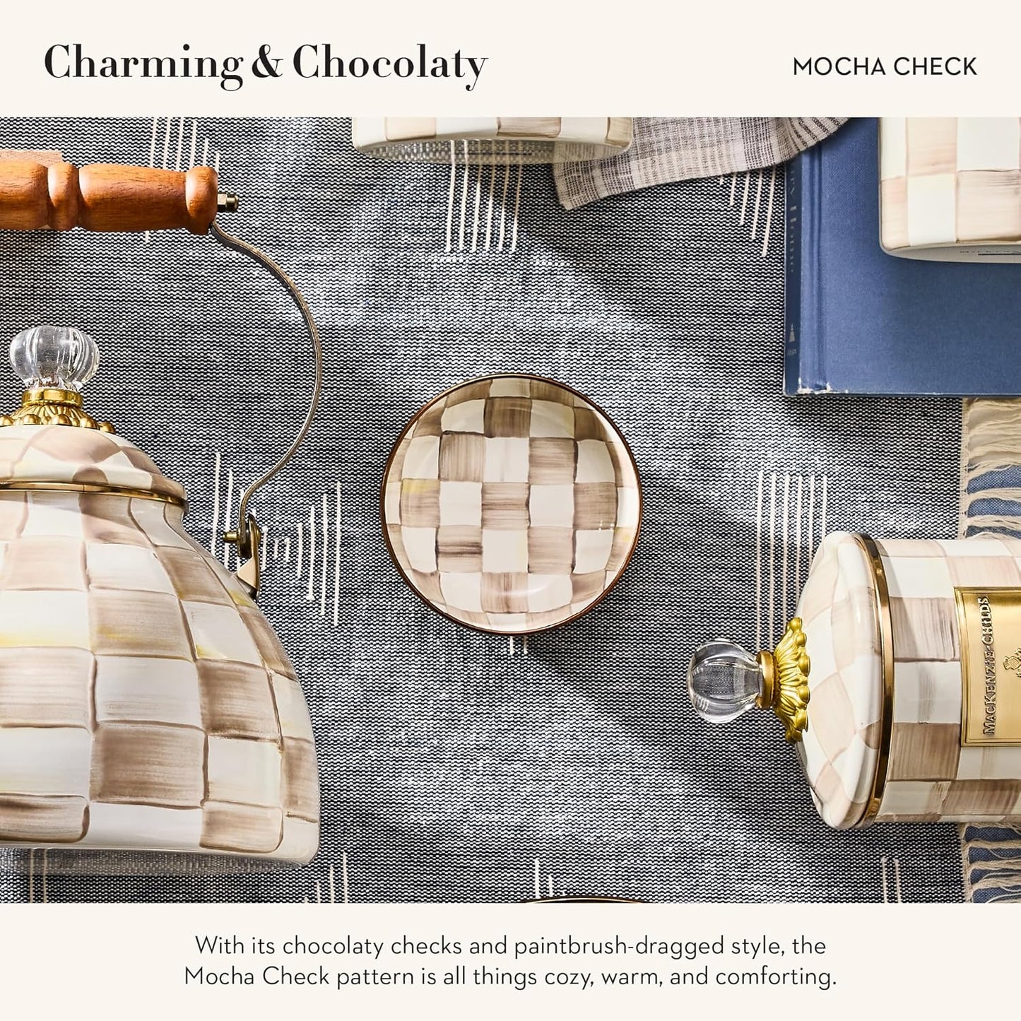 MACKENZIE-CHILDS Enamel Relish Dish, Small Serving Bowl for Entertaining, Brown-and-White Mocha Check