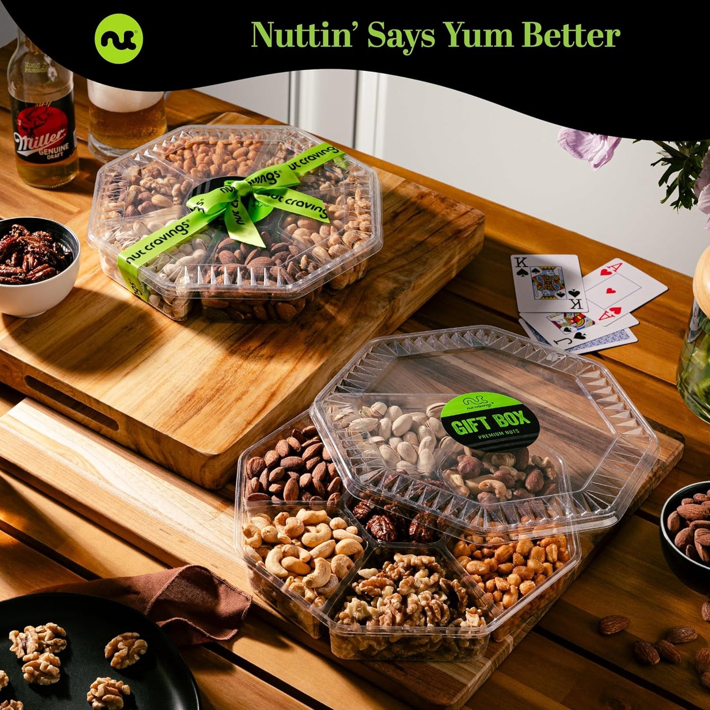 NUT CRAVINGS - Mixed Nuts Gift Basket + Green Ribbon (7 Assortments, 2.2 LB) Food Arrangement, Healthy Snack Care Package, Food Assortments