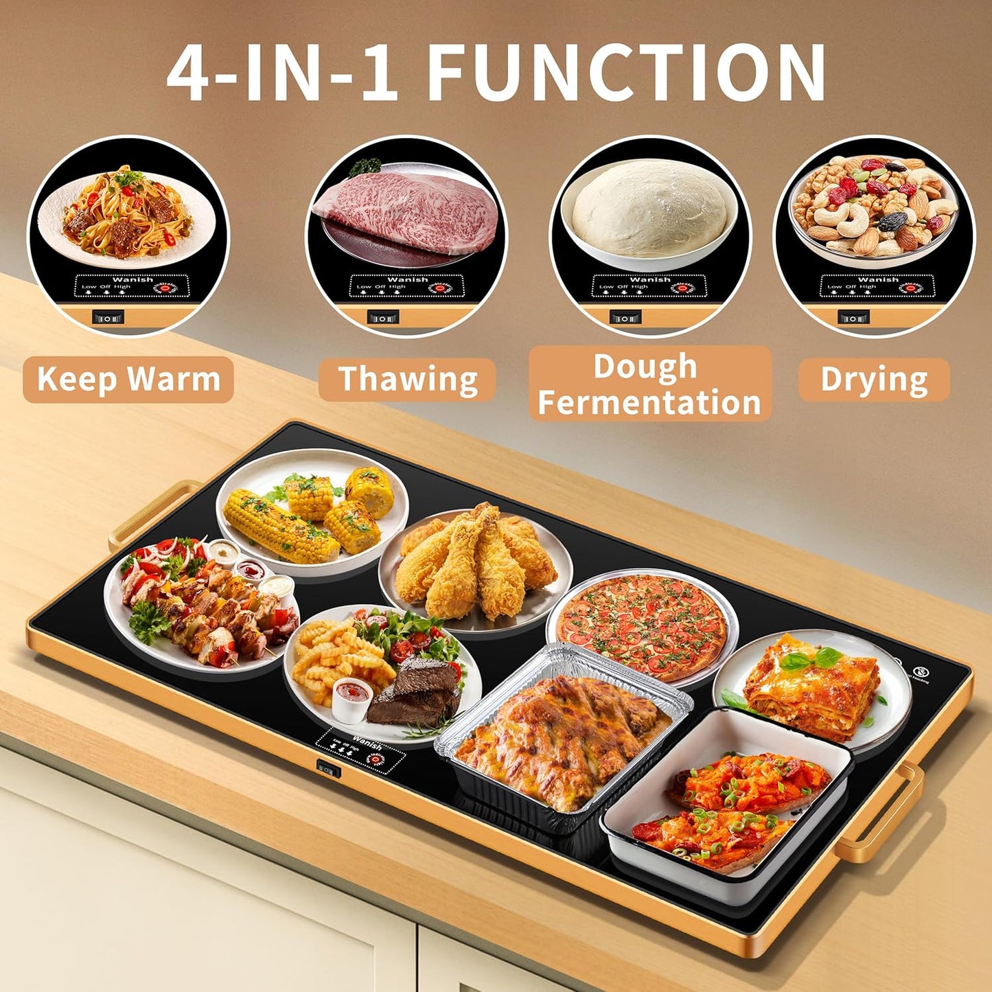 Electric Warming Tray (XXL 32”x18”)，Food Warmers for Parties Buffet with Thermostat & Full Surface Heating, Tempered Glass Warming Mat for Food, Temperature Adjustable Gold Handles Food Warming Mat