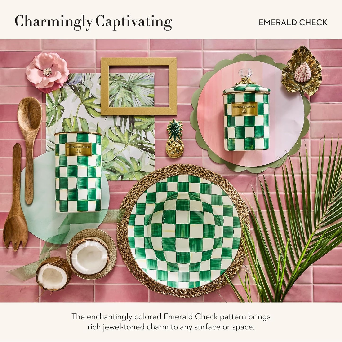 MACKENZIE-CHILDS Enamel Utensil Holder, Kitchen Utensil Holder for Countertop, Green-and-White Emerald Check