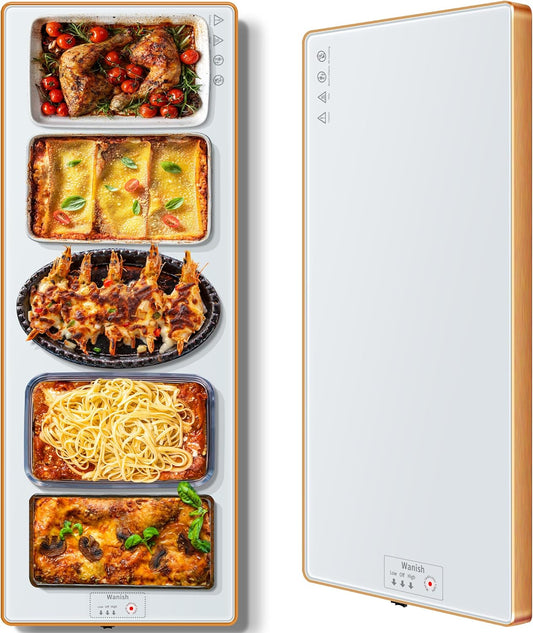 Electric Warming Tray (Extra Long 40"x12")，Food Warmers for Parties Buffet with Thermostat & Full Surface Heating, Tempered Glass Warming Mat for Food, Temperature Adjustable Food Warming Mat, White