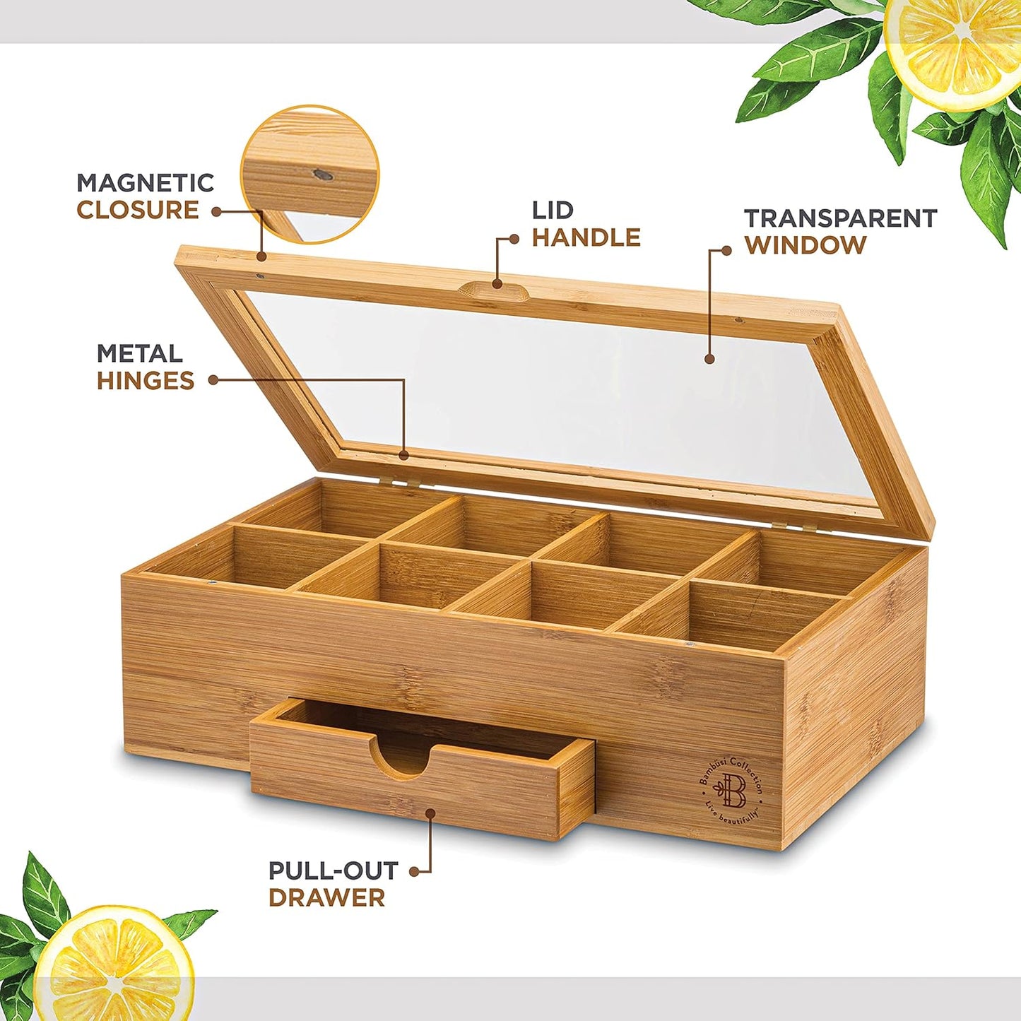 Bambüsi Personalized Tea Organizer - Engraved Bamboo Tea Box, 8 Compartments, Acrylic Window, Magnetic Lid - Unique Gift for Tea Enthusiasts