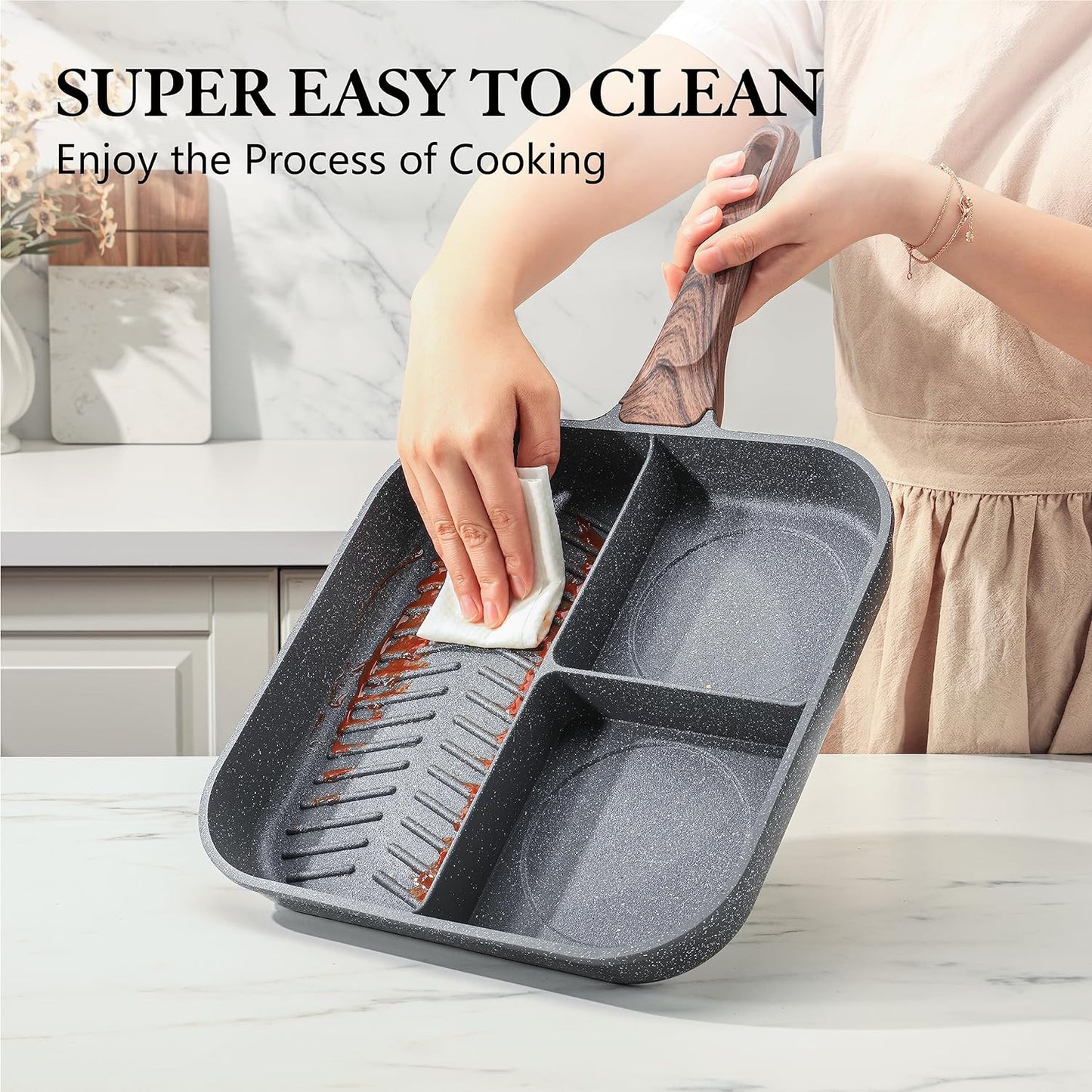 SENSARTE Nonstick Divided Grill Pan for Stove Tops, 3-Section Versatile Breakfast Grilling Pan, Durable Square Grill Skillet, Steak Griddle Pan, PFOA, PFOS, APEO Free, Induction Compatible, 9.5 Inch