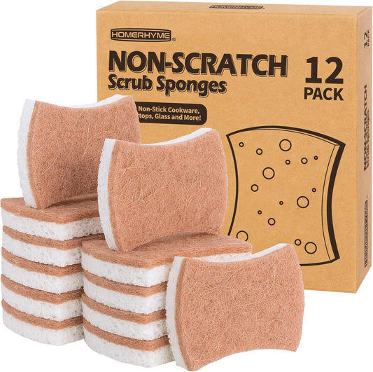 HOMERHYME Natural Dish Sponge 12 Pack, Non-Scratch Scrub Kitchen Sponge, Eco Multipurpose, Odor-Less Dual-Sided for Dish Washing & Household Cleaning