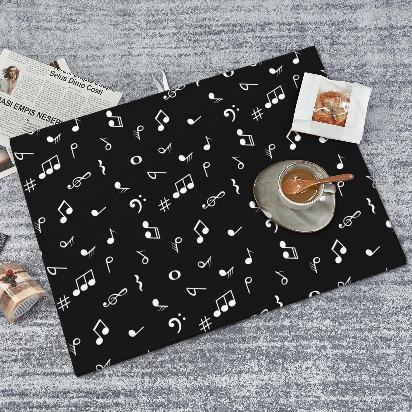 Musicial Kitchen Drying Mat Music Notes Microfiber Dish Drainer Mat for Kitchen Counter Absorbent Reusable Washable 18x24 Inch Black