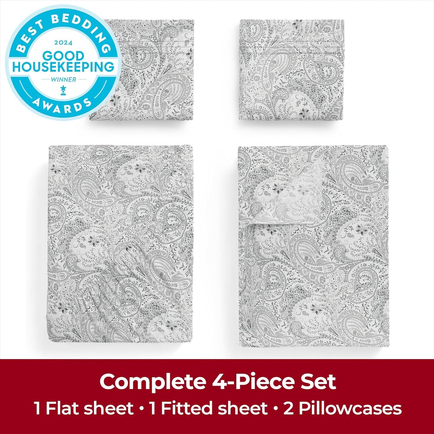 Mellanni Full Sheets Set - 4 PC Iconic Collection Bedding - Hotel Luxury, Extra Soft, Cooling Bed Sheets - Wrinkle, Fade, Stain Resistant (Full, Paisley Gray)