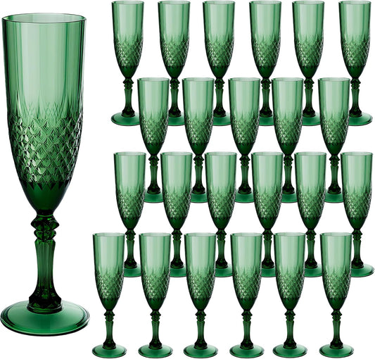 Plastic Champagne Flutes, 24PCS Dark Green Plastic Wine Glasses Goblets Reusable Champagne Flute for Weddings, Bachelor Parties, Toasting, and Events(24, Dark Green)