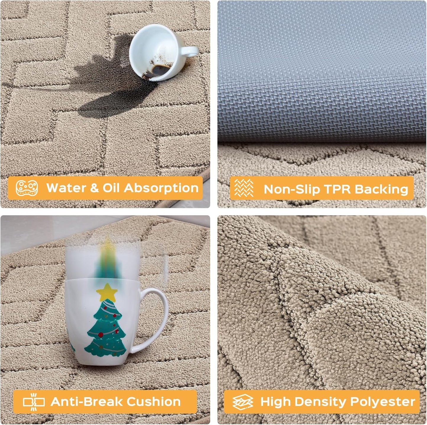 Machine Washable Kitchen Rugs Set (24" x 36"+24" x 60"), Non-Slip Kitchen Runner Rugs Mats for Floor, Absorbent Comfort Standing Mats for Kitchen, Sink and Hallway, Rolled Packaging, Taupe