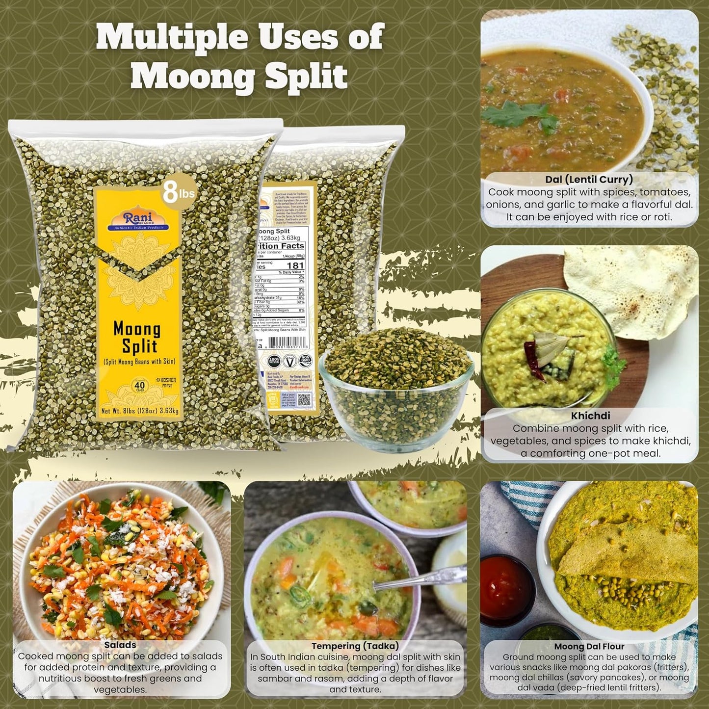 Rani Moong Split (Split Mung Beans with Skin) Lentils Indian 128oz (8lbs) 3.63kg Bulk ~ All Natural | Gluten Friendly | Non-GMO | Kosher | Vegan | Indian Origin