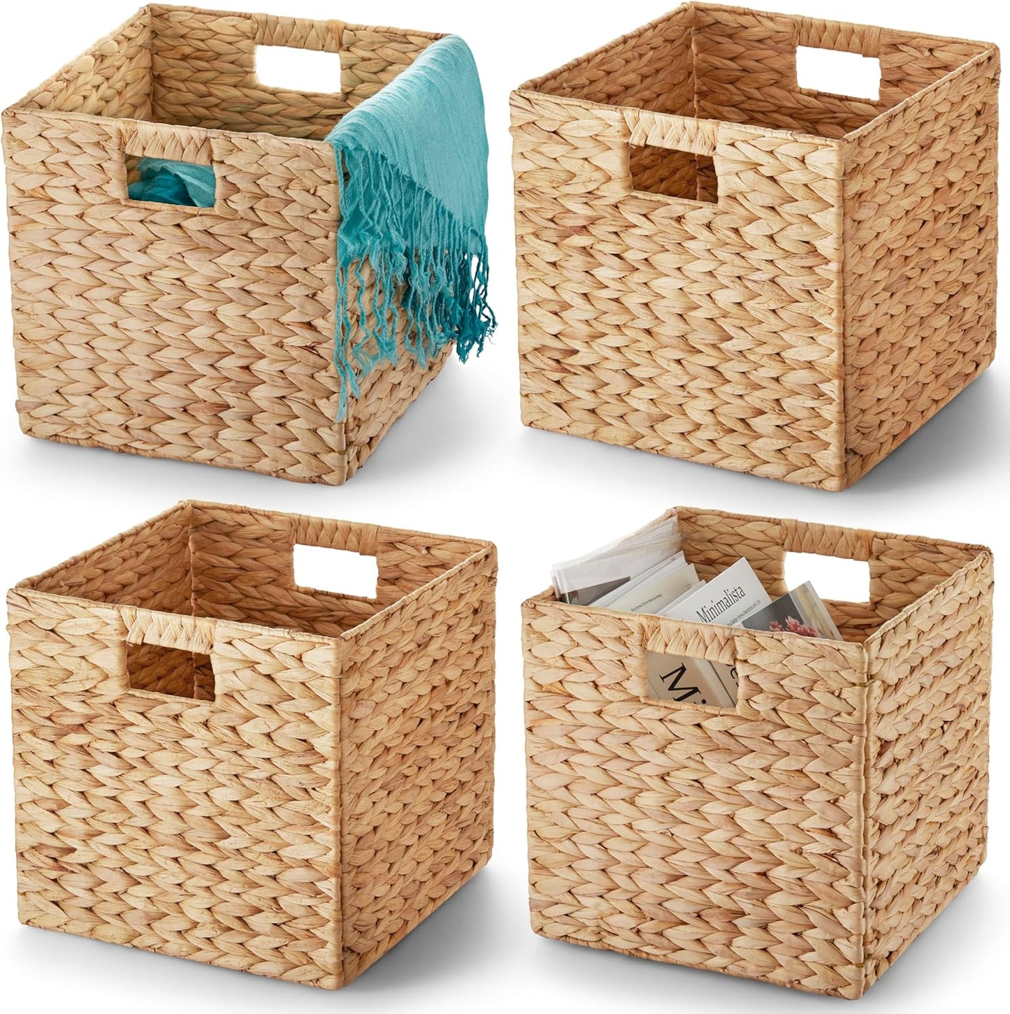 BLUEWEST Water Hyacinth Storage Basket (Set of 4) Woven Hyacinth Storage Basket, Laundry Water Hyacinth Bin for Organizing with Carrying Handles, Rattan for Shelves