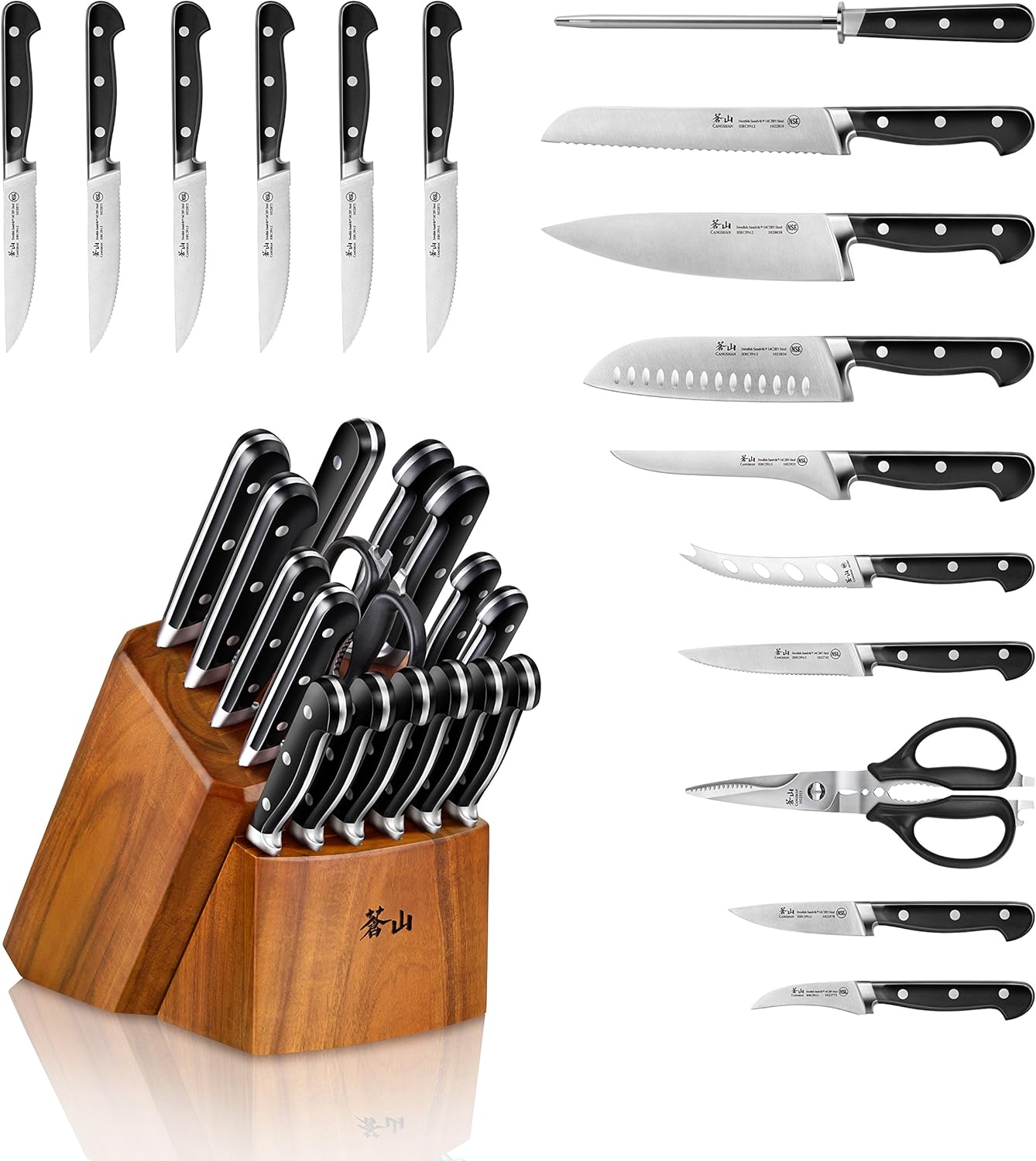 Cangshan TV2 Series 1023053 Swedish 14C28N Steel Forged 17-Piece Knife Block Set, Acacia